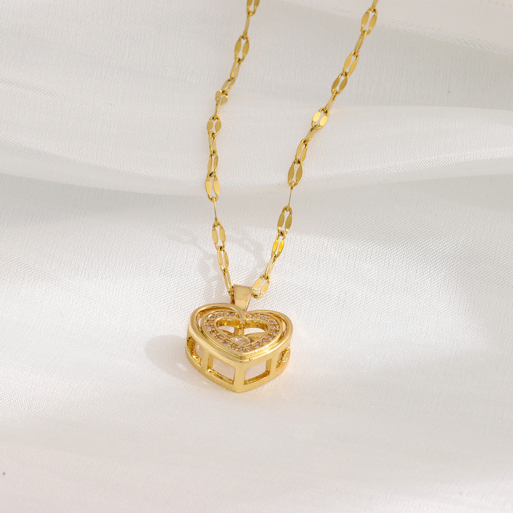 Double-layer Love Necklace With Rhinestones Titanium Steel Pendant Fashion Jewelry For Stylish Women.