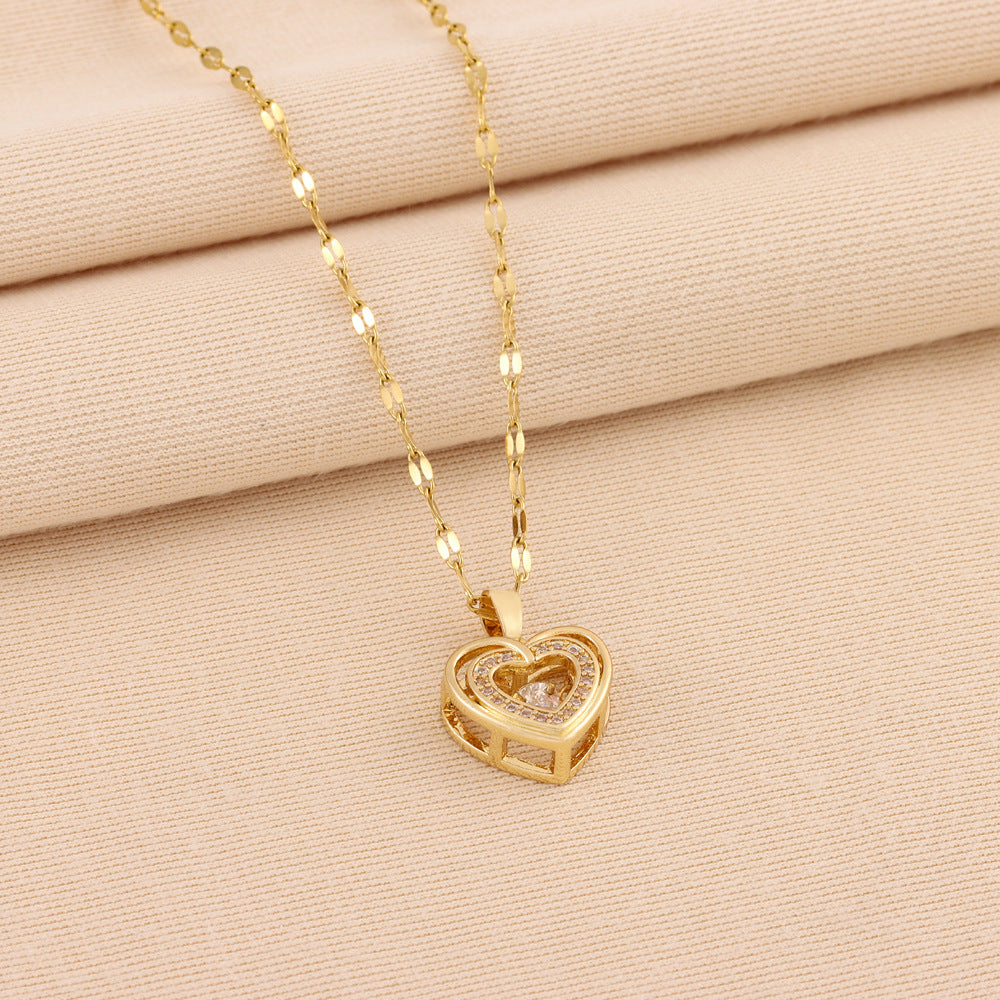 Double-layer Love Necklace With Rhinestones Titanium Steel Pendant Fashion Jewelry For Stylish Women.