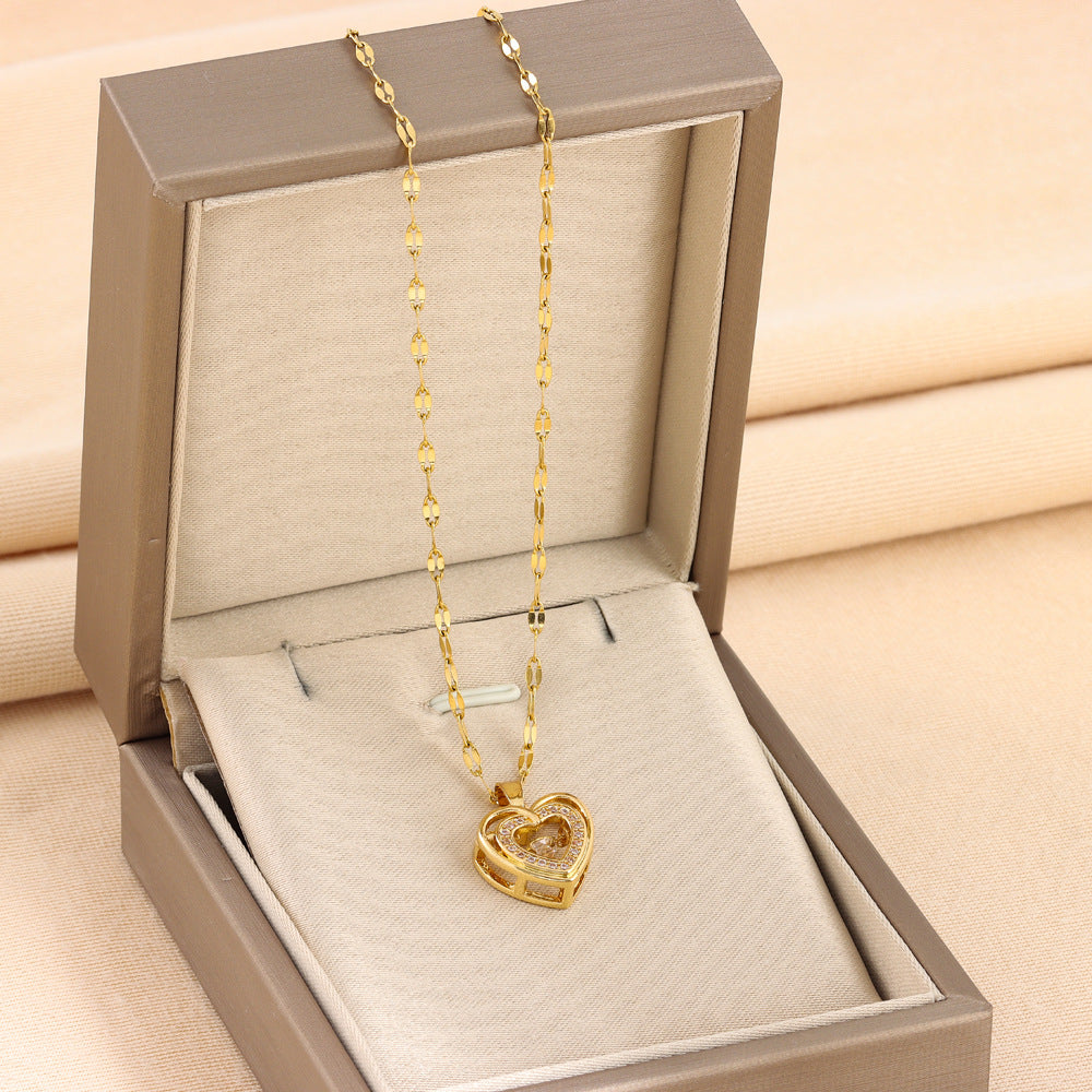 Double-layer Love Necklace With Rhinestones Titanium Steel Pendant Fashion Jewelry For Stylish Women.