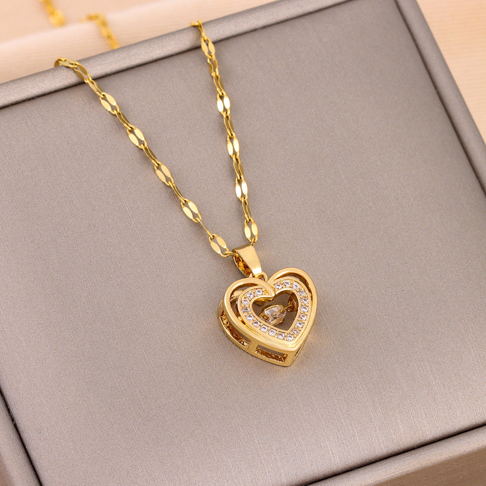 Double-layer Love Necklace With Rhinestones Titanium Steel Pendant Fashion Jewelry For Stylish Women.