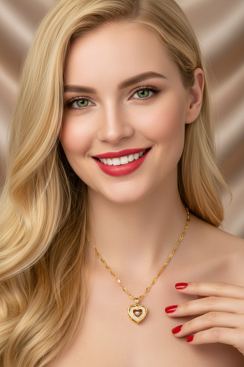 Double-layer Love Necklace With Rhinestones Titanium Steel Pendant Fashion Jewelry For Stylish Women.