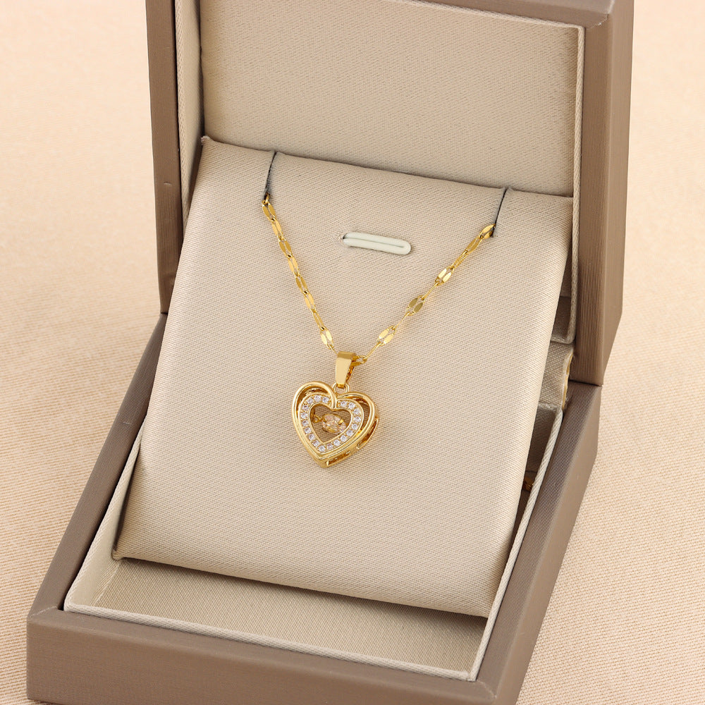 Double-layer Love Necklace With Rhinestones Titanium Steel Pendant Fashion Jewelry For Stylish Women.