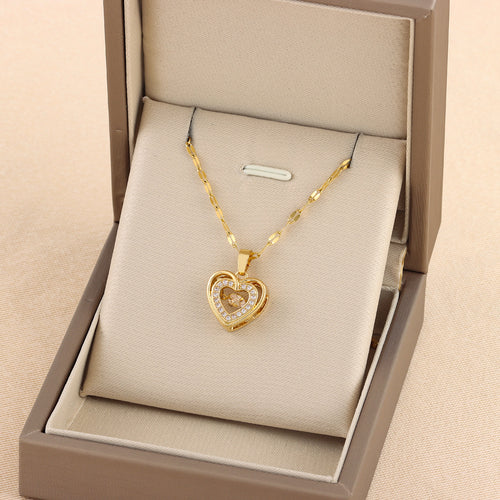 Double-layer Love Necklace With Rhinestones Titanium Steel Pendant Fashion Jewelry For Stylish Women.